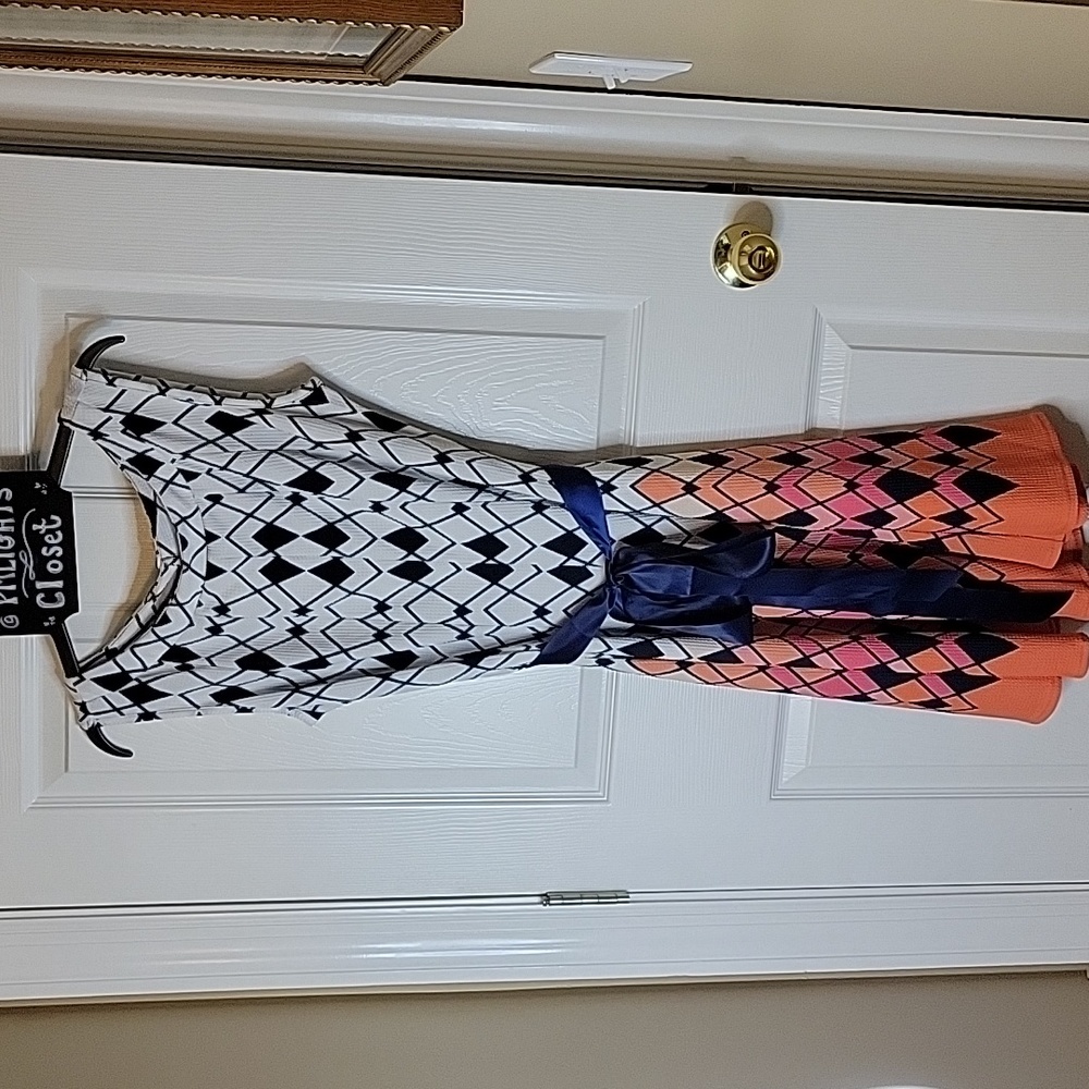 Haani Dress Petite XL Fit & Flare Diamonds Pattern Ribbon Belt Navy White